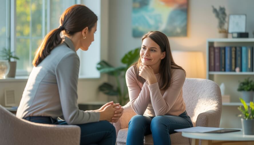 A therapist attentively listens to a woman in a bright, comfortable office, creating a supportive and calm atmosphere.