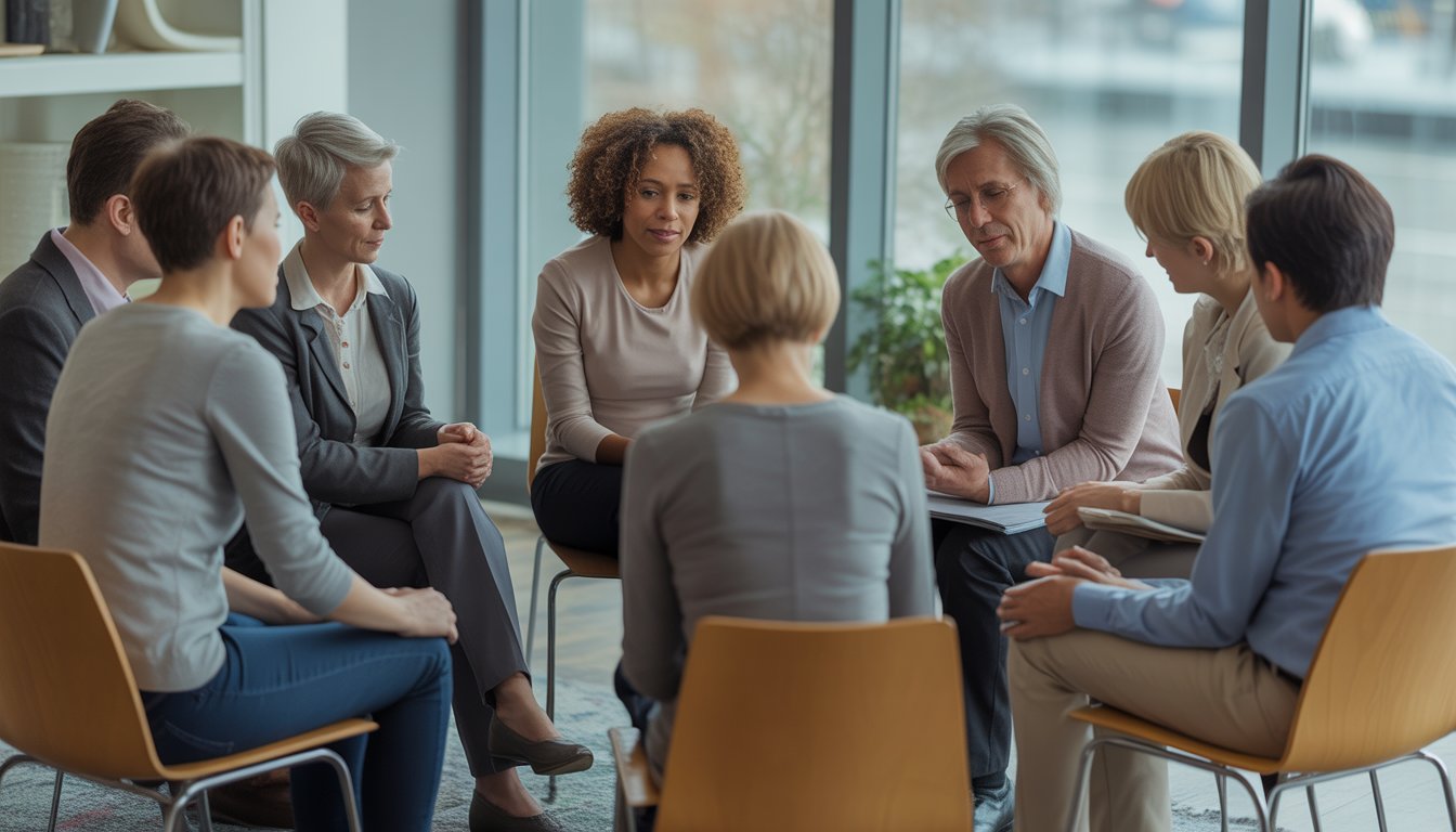 A diverse group of adults sitting in a circle in a bright room, engaged in a supportive group discussion led by a therapist.