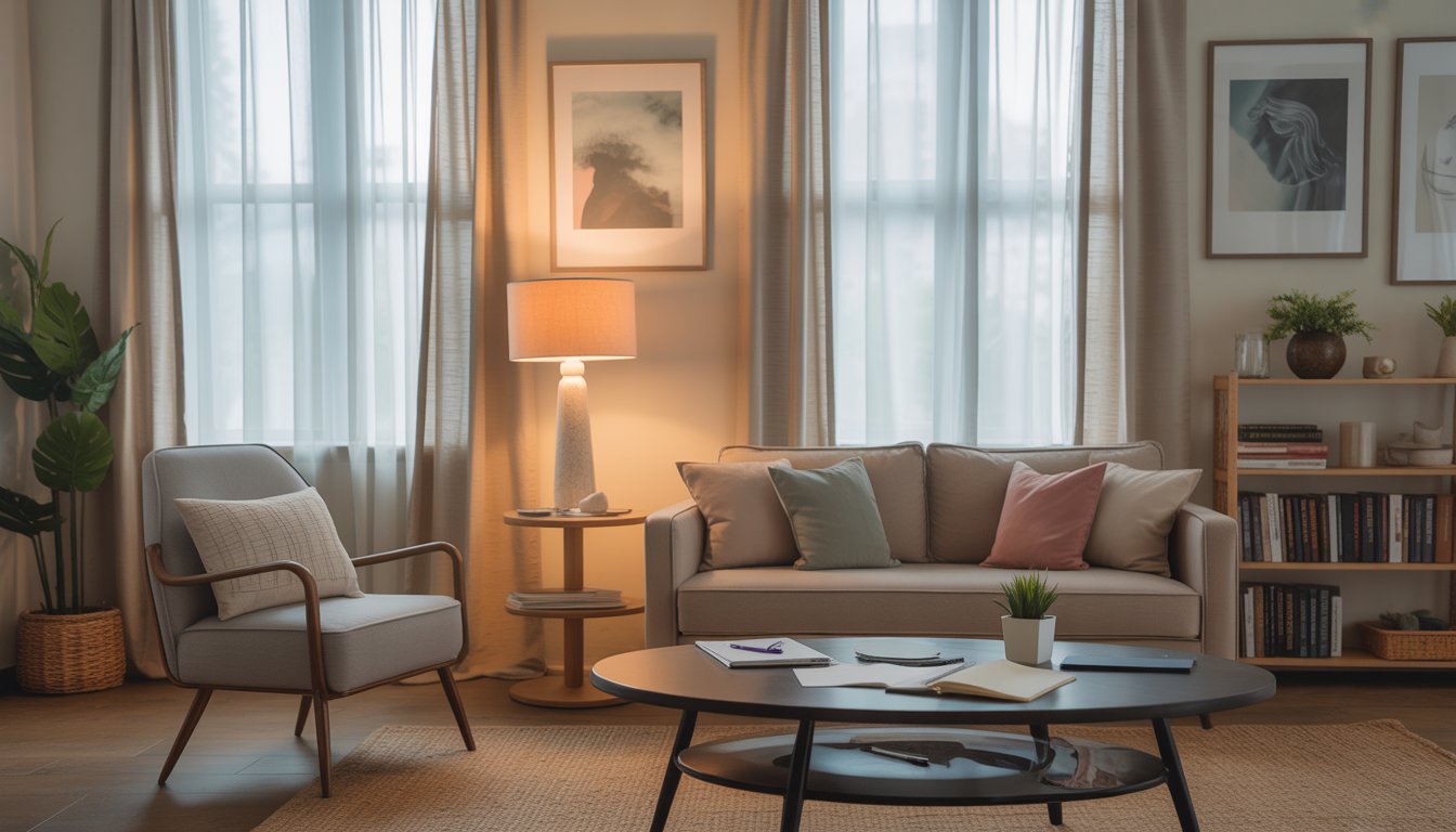 A calm and welcoming therapy office with comfortable seating, natural light, therapy books, and plants.