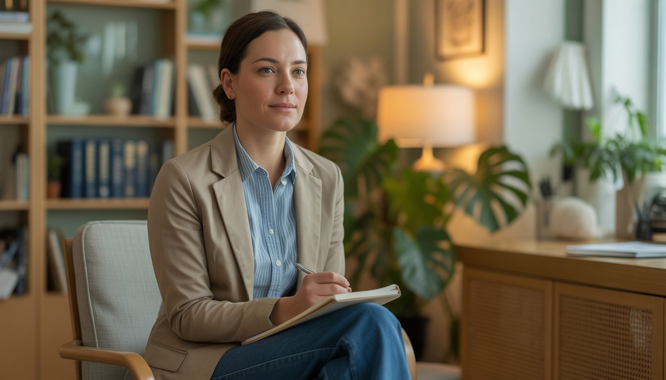 A female therapist sitting in a comfortable office with bookshelves and plants, looking calm and attentive.