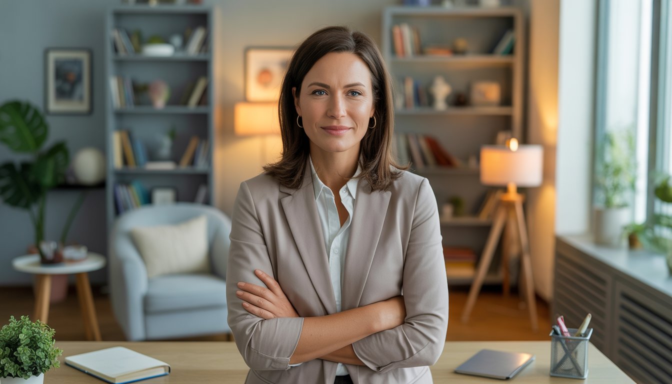 A female therapist sitting in a cozy office with bookshelves and soft natural light, looking calm and approachable.