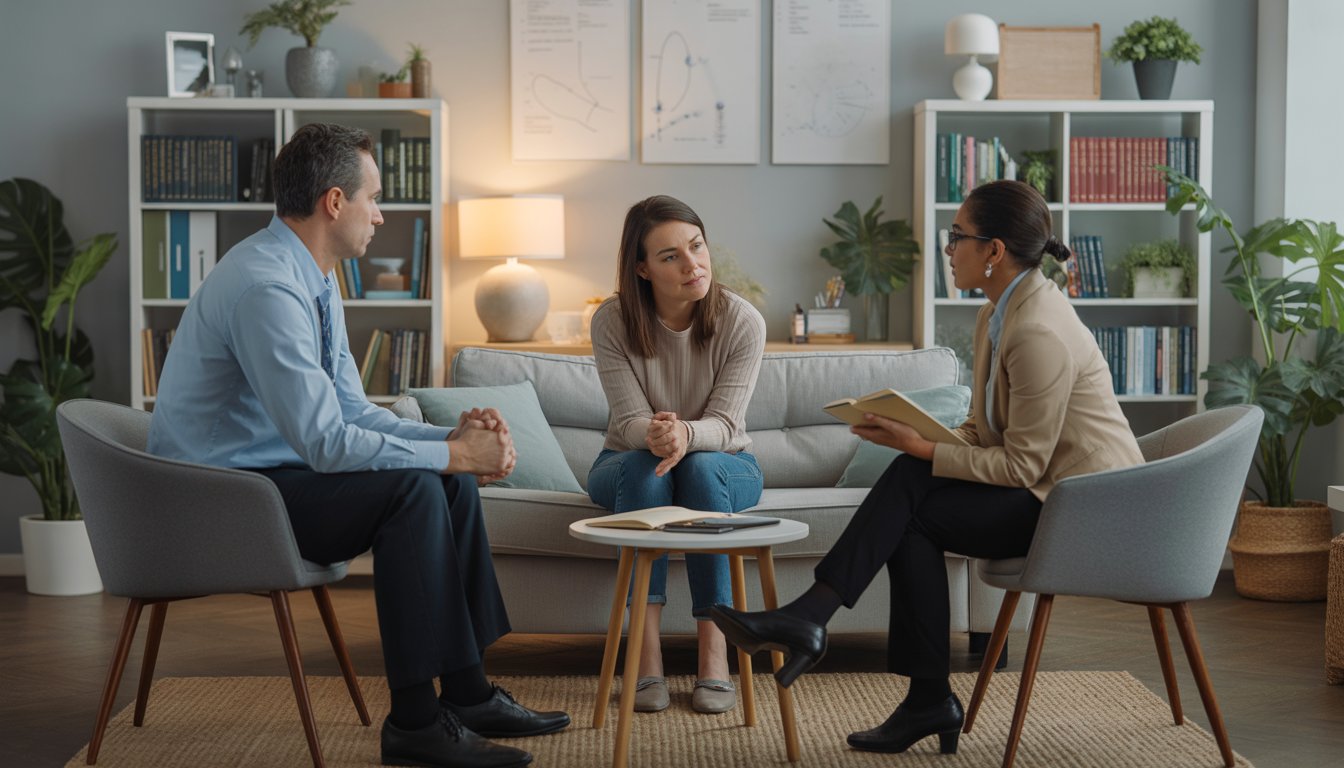 Two therapists talking with a young woman in a counseling office, offering support and guidance.