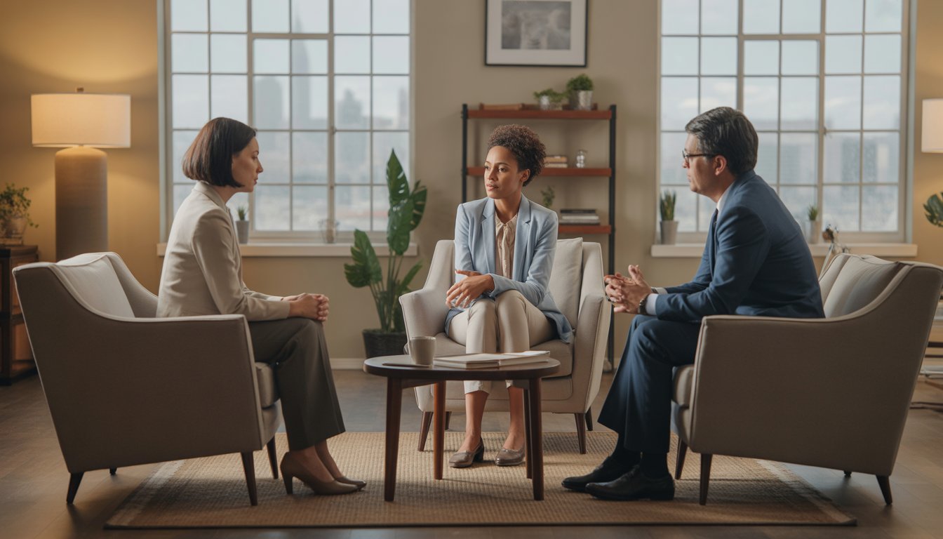Two therapists talking with a young woman in a comfortable therapy office with a view of Boston in the background.