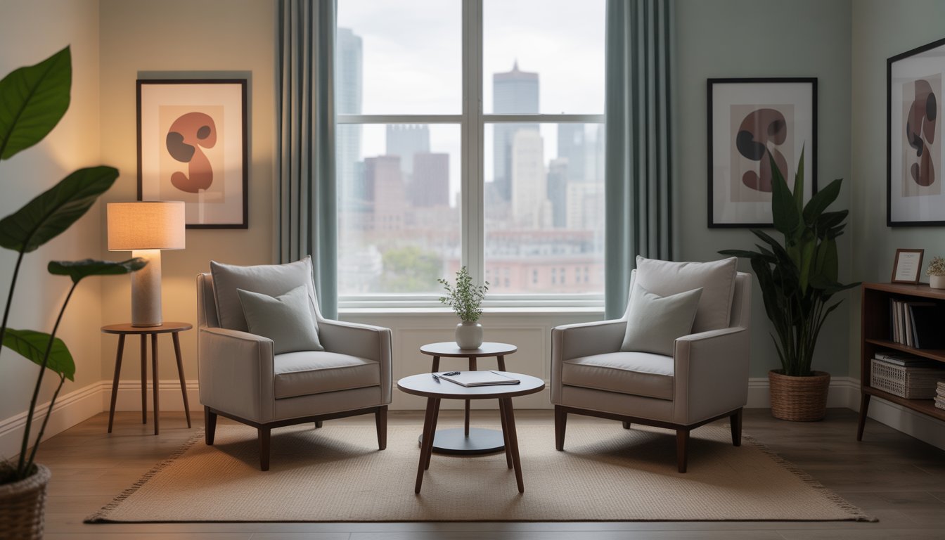 A calm therapy office with two armchairs, a coffee table, plants, and a window showing a Boston city view.