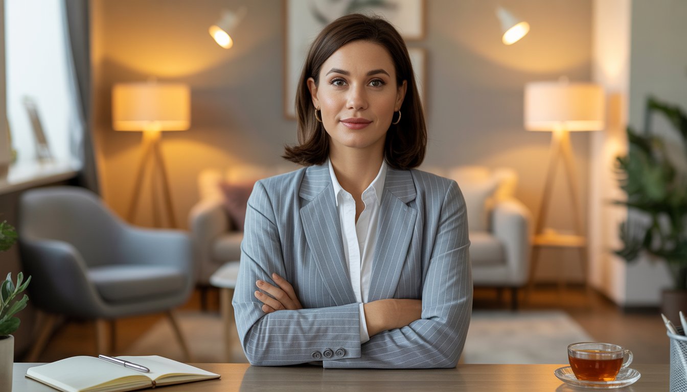 A female therapist sitting in a comfortable office with warm lighting, looking calm and approachable.