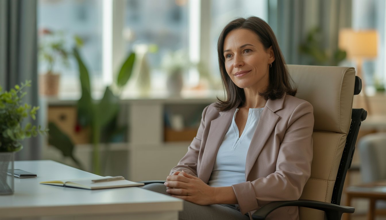 A female therapist sitting in a comfortable office with plants and natural light, looking kind and approachable.
