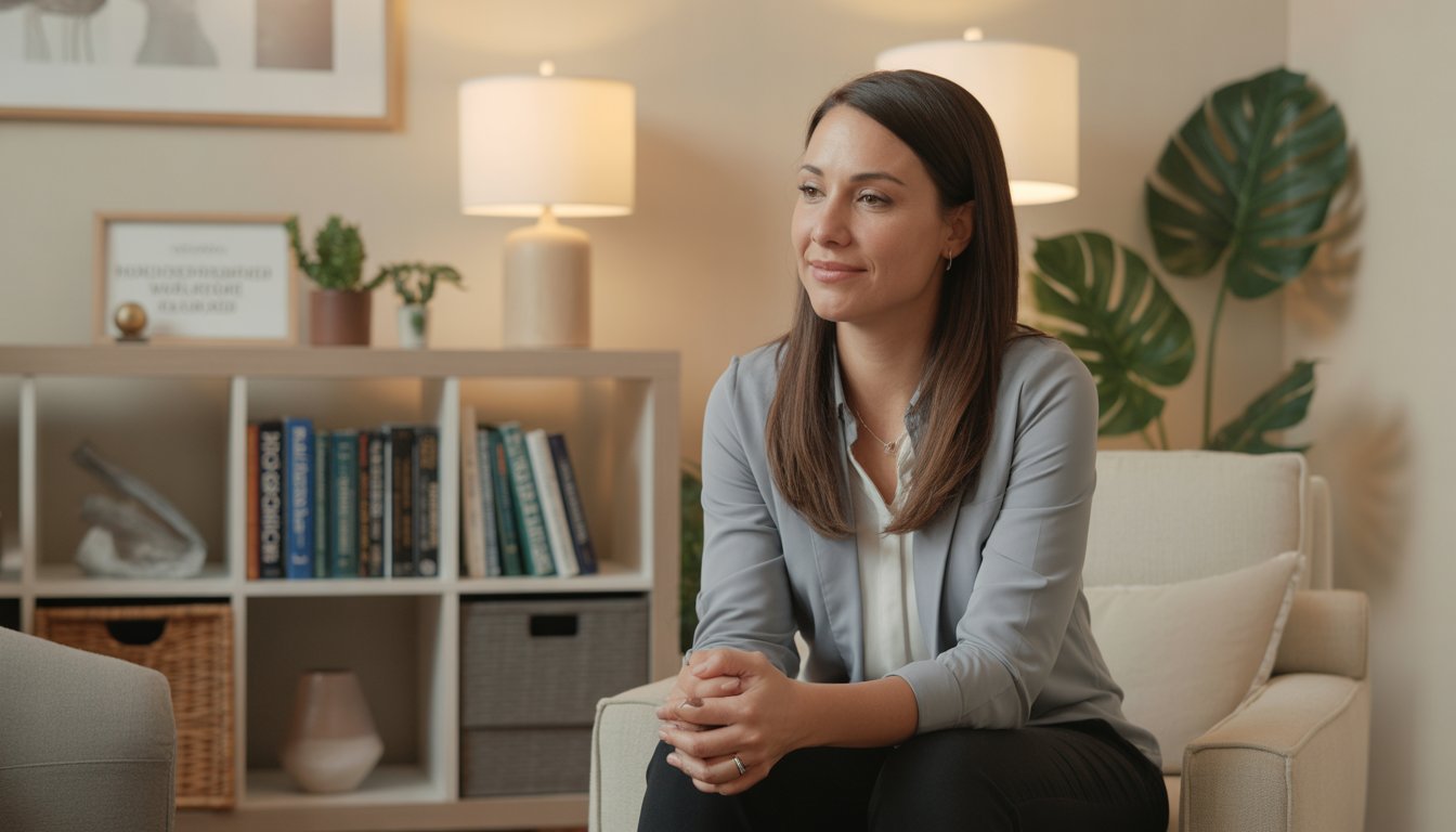 A female therapist sitting in a cozy counseling office with books and plants, looking attentive and welcoming.