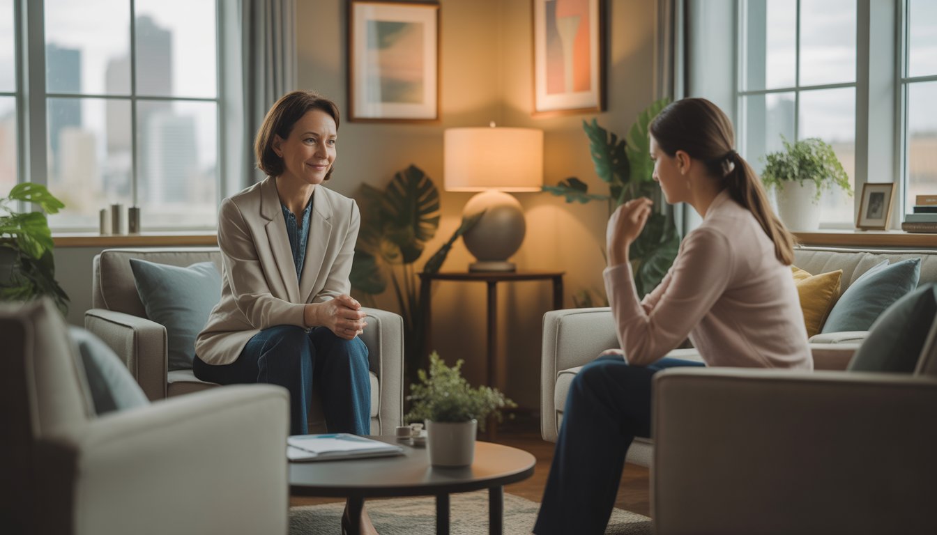 A therapist and client in a bright, comfortable office having a supportive counseling session.