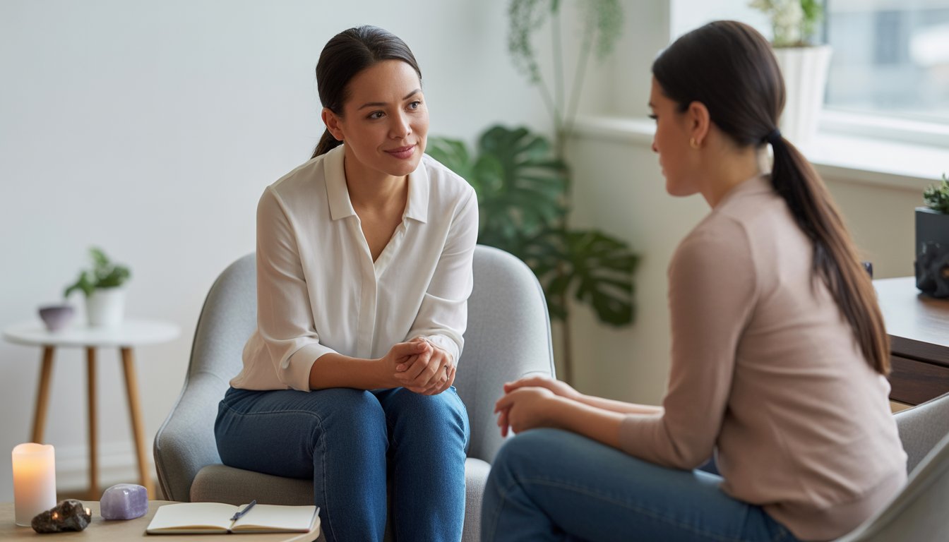 A female therapist attentively listening to a female client in a bright, comfortable therapy office.