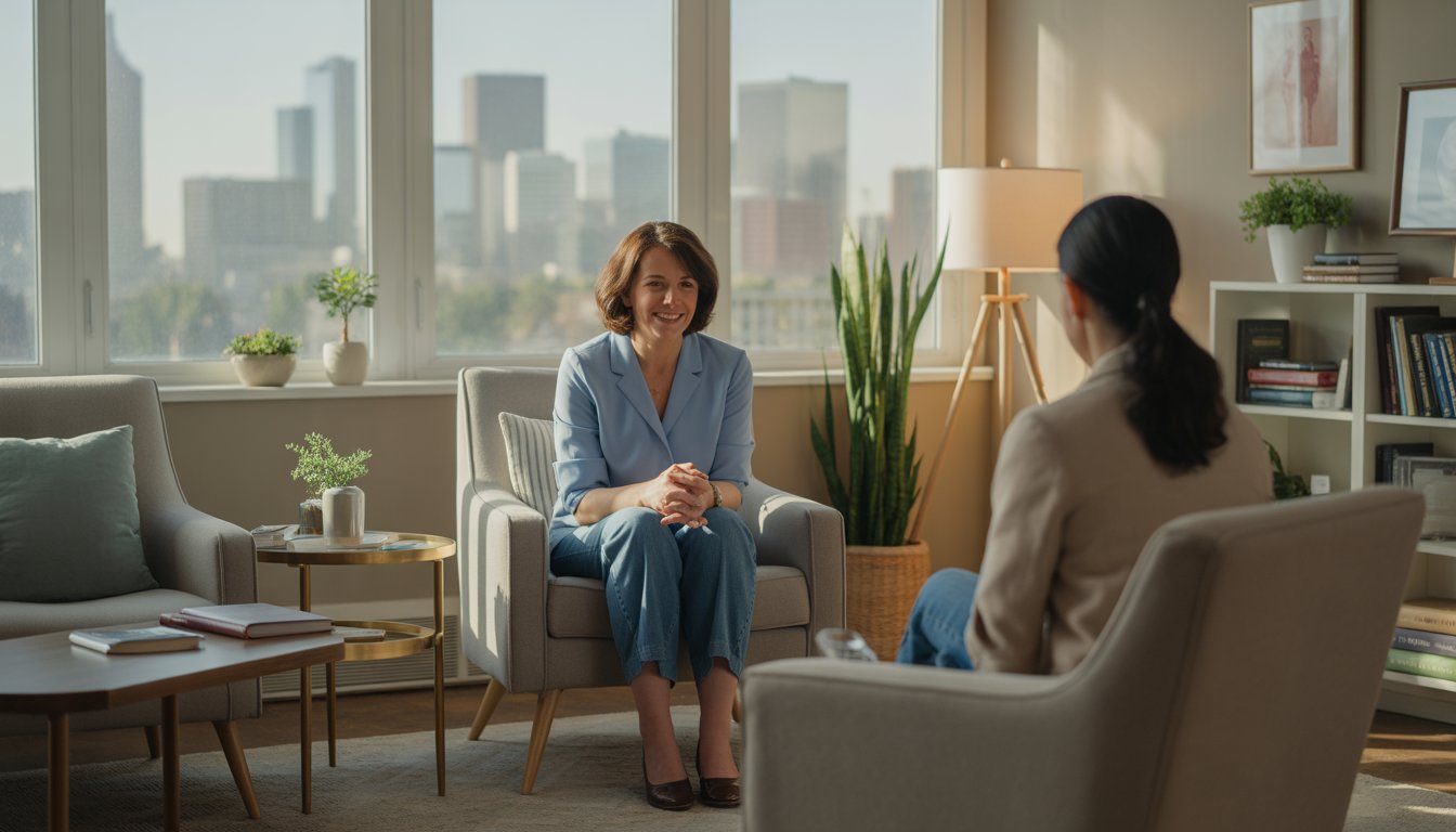 A therapist in a cozy office with large windows showing the Denver skyline, sitting attentively and listening in a supportive environment.