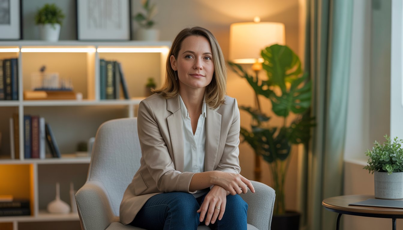 A female therapist sitting in a comfortable chair in a warmly lit therapy office with bookshelves and a plant in the background.