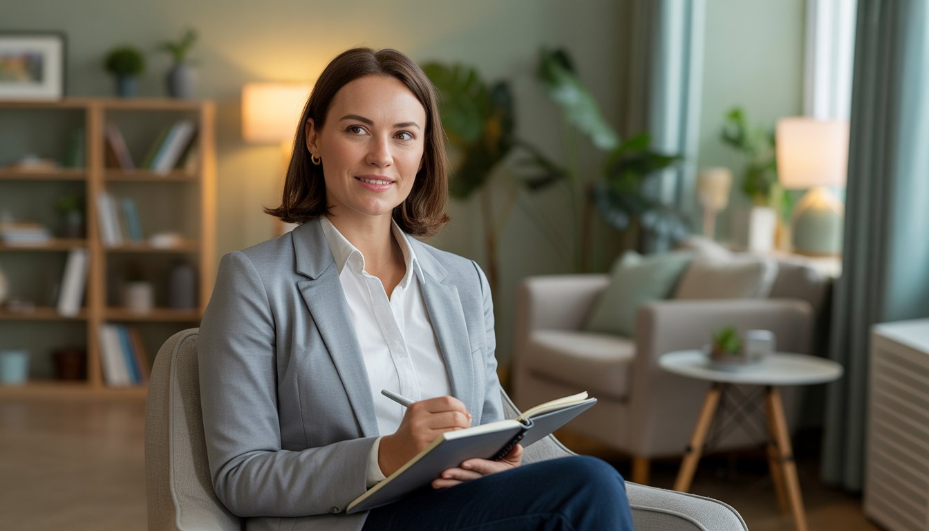 A female therapist sitting in a comfortable chair in a bright, inviting office, holding a notebook and smiling warmly.