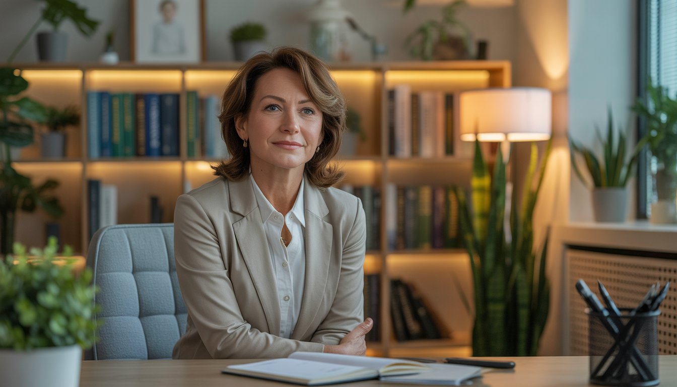 A middle-aged female therapist sitting in a comfortable office with bookshelves and plants, looking calm and approachable.