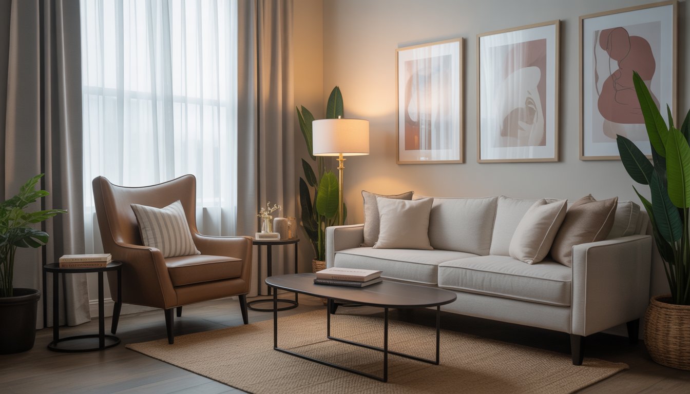 A calm and welcoming therapy office with comfortable seating, plants, and soft natural light.
