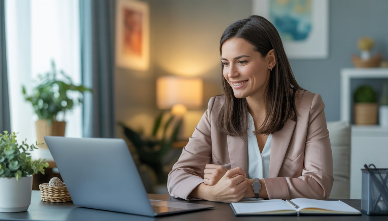 A female therapist sitting at a desk in a bright home office, engaged in an online therapy session on her laptop.
