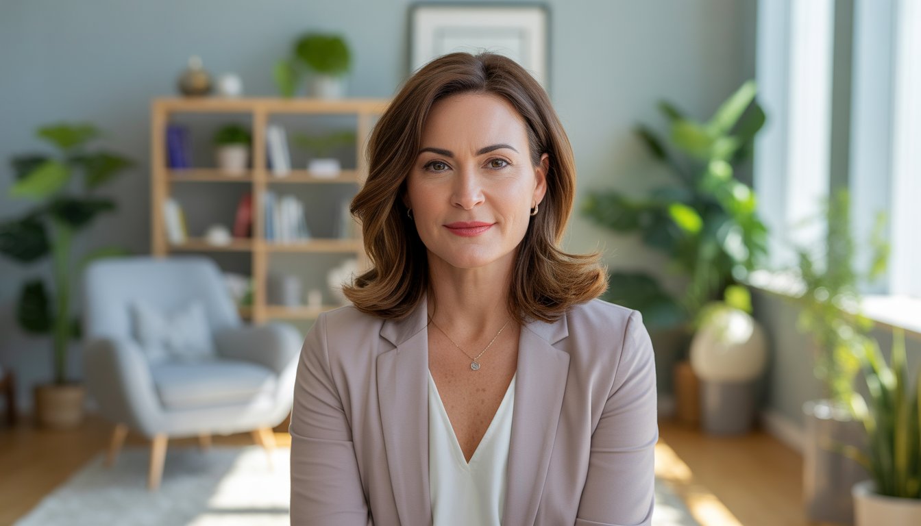 A female therapist sitting in a bright, comfortable office with books and plants, looking warm and approachable.