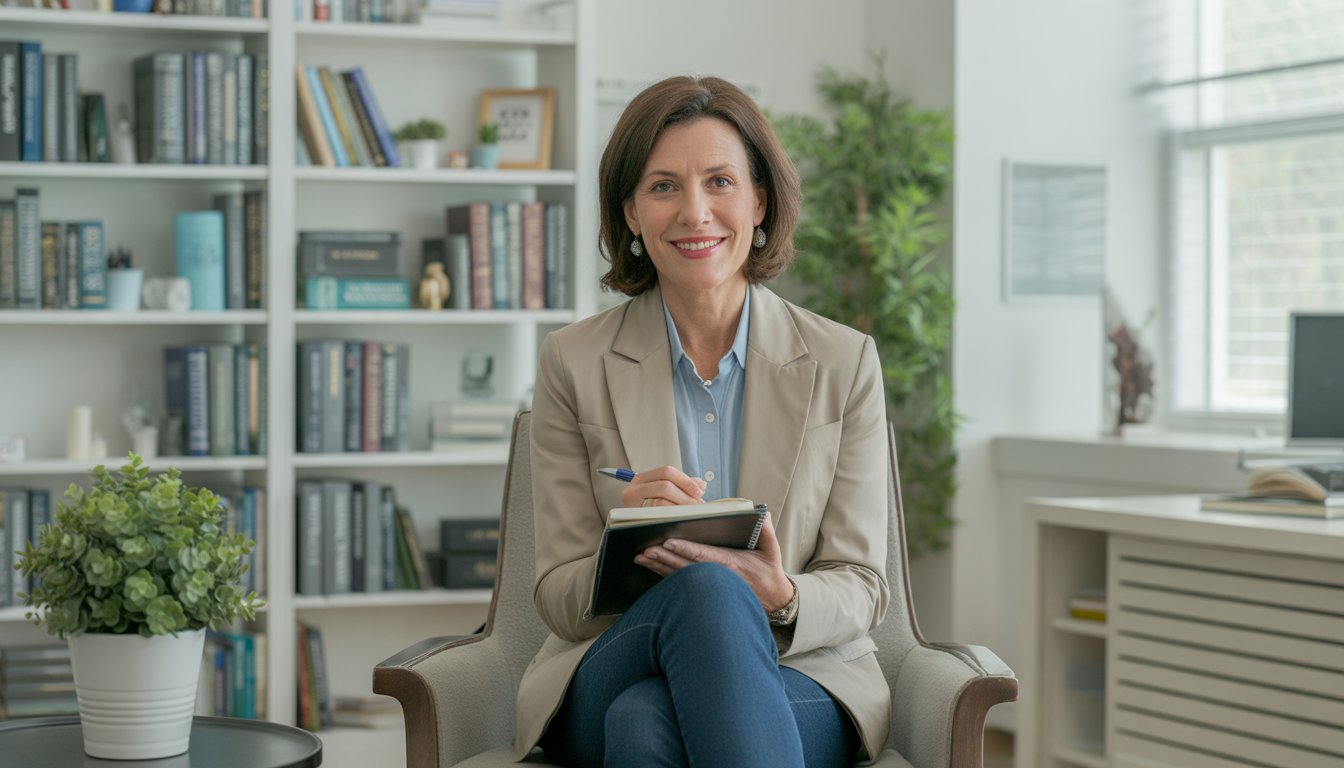 A female therapist sitting in a modern office with bookshelves and plants, smiling warmly while holding a notepad.