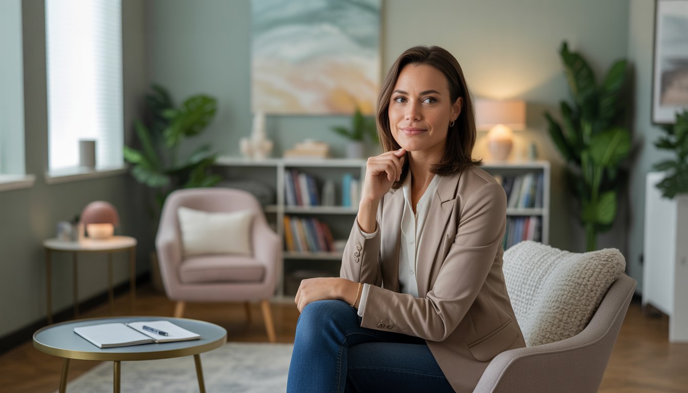 A female therapist sitting in a comfortable office with plants, bookshelves, and soft natural light, creating a calm and welcoming environment.