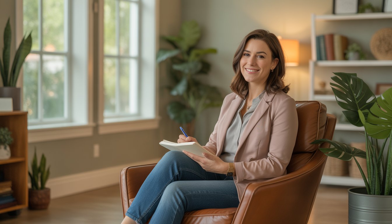 A female therapist sitting in a cozy counseling office, smiling and ready to listen.