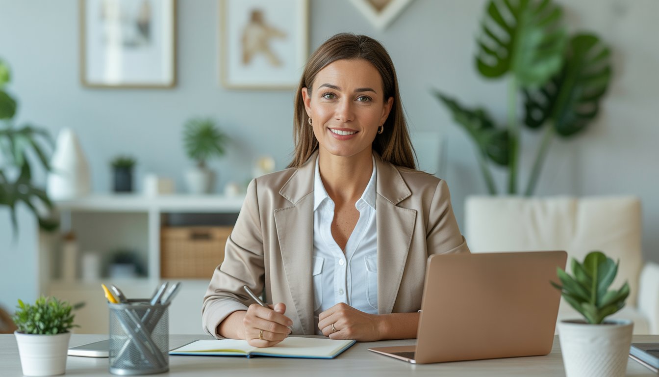 A female counselor sitting at a desk in a bright, modern office, looking approachable and professional.