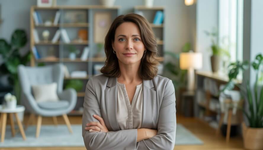 A female therapist sitting in a bright, comfortable office with bookshelves and plants, smiling warmly.
