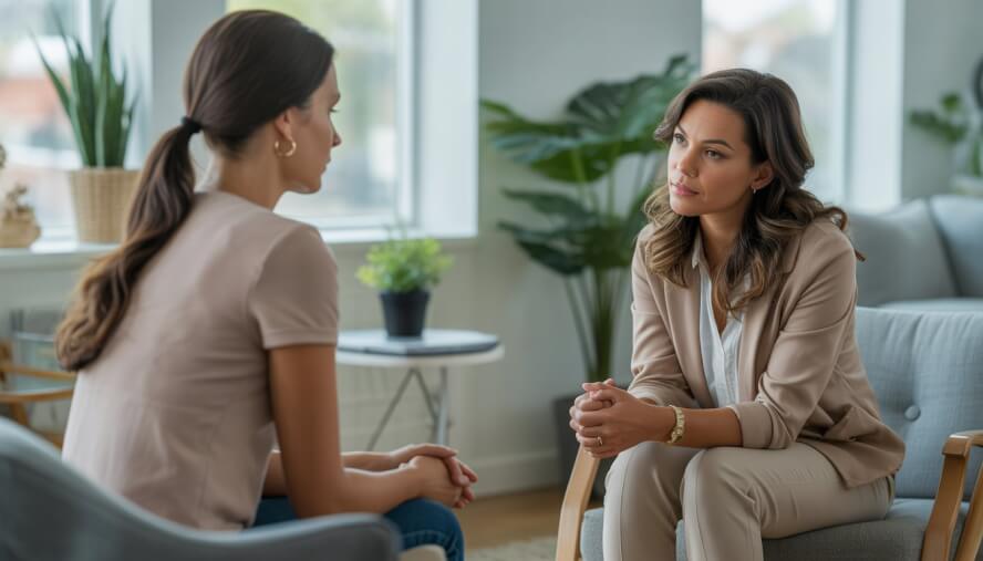 A female therapist attentively listening to a woman client in a bright, comfortable counseling office.