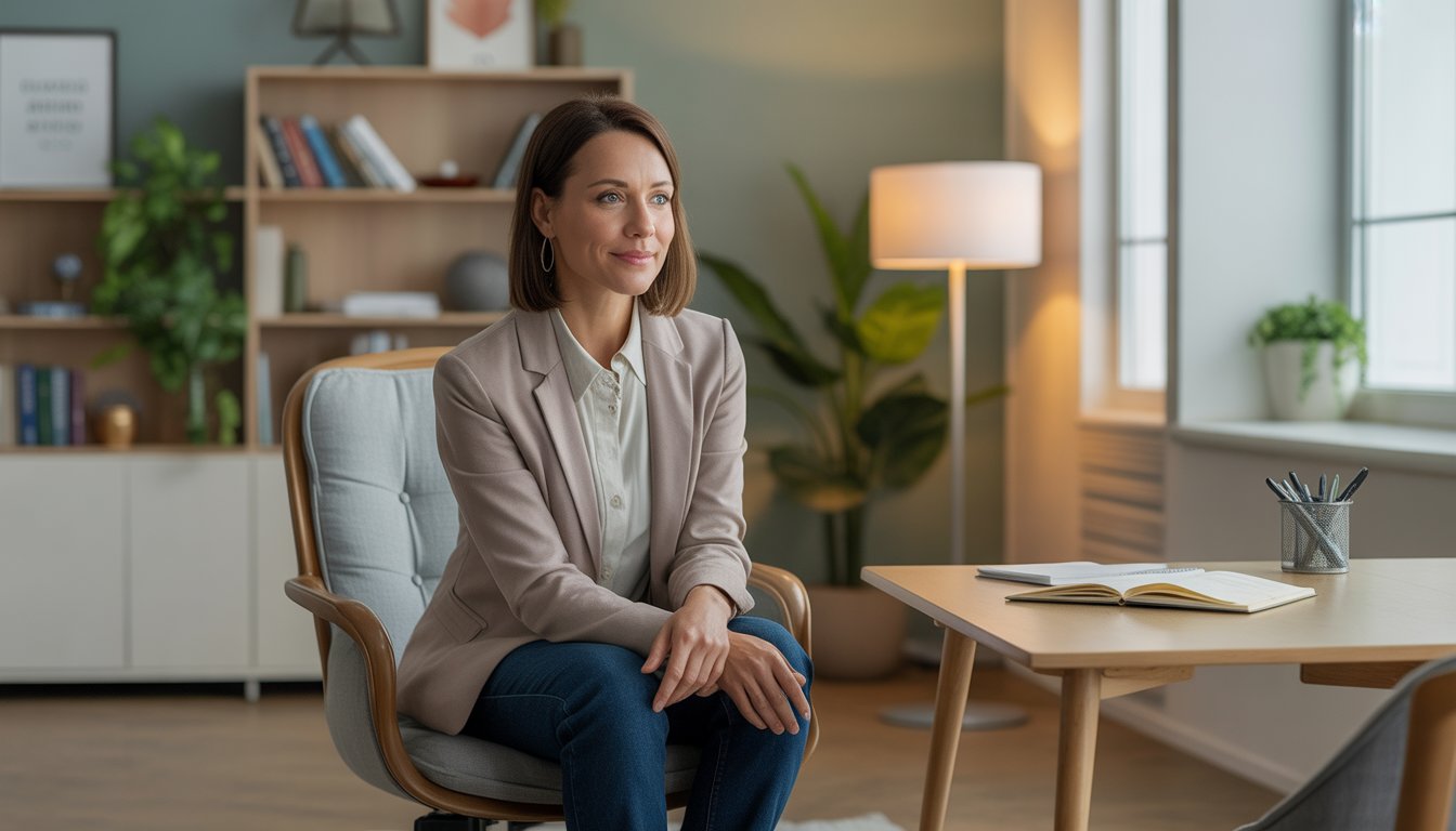 A female therapist sitting in a comfortable office surrounded by books and plants, looking calm and approachable.