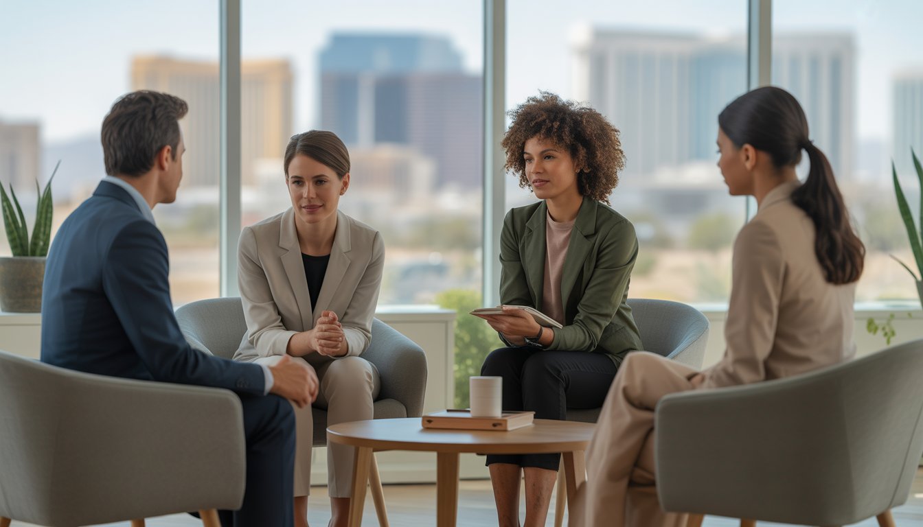 A group of therapists and a client in a bright therapy office with a view of the Las Vegas skyline, showing a supportive and calm atmosphere.