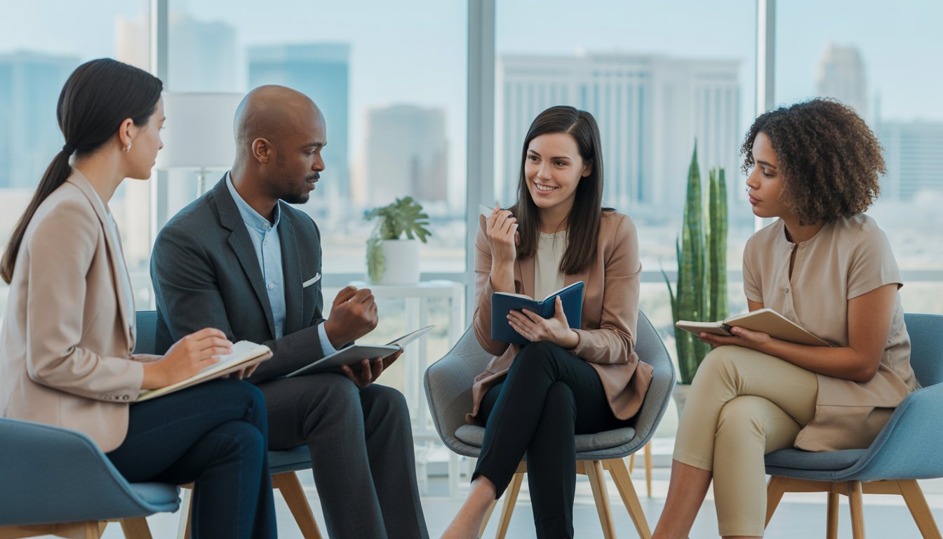 A group of therapists in a bright office with a view of the Las Vegas skyline, engaged in a supportive discussion.