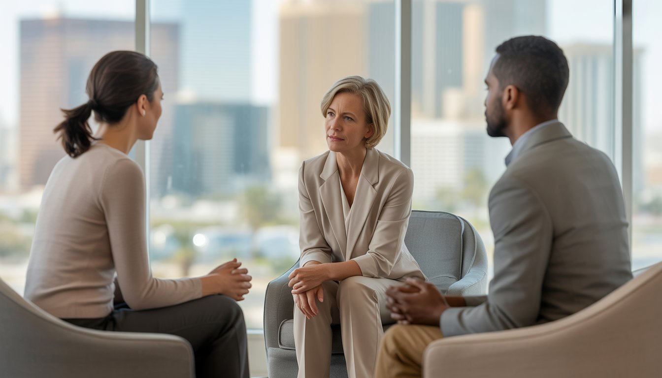 A therapist attentively listening to a client in a bright therapy office with a city view.