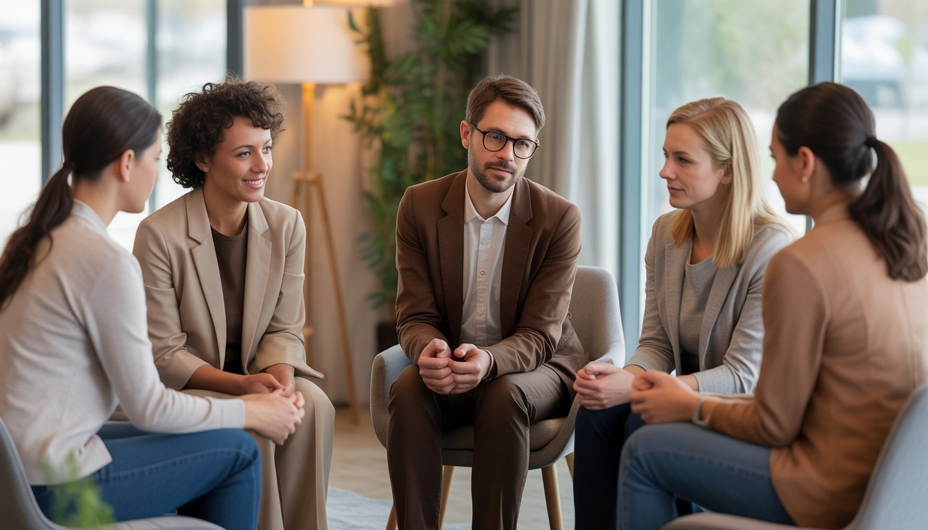 Therapists and clients in a supportive therapy session in a bright counseling office.