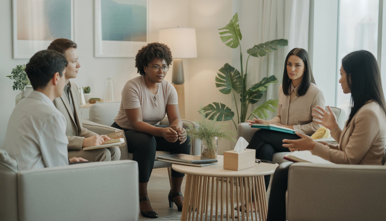 Therapists and clients in a bright, comfortable therapy office with a view of the Las Vegas skyline.
