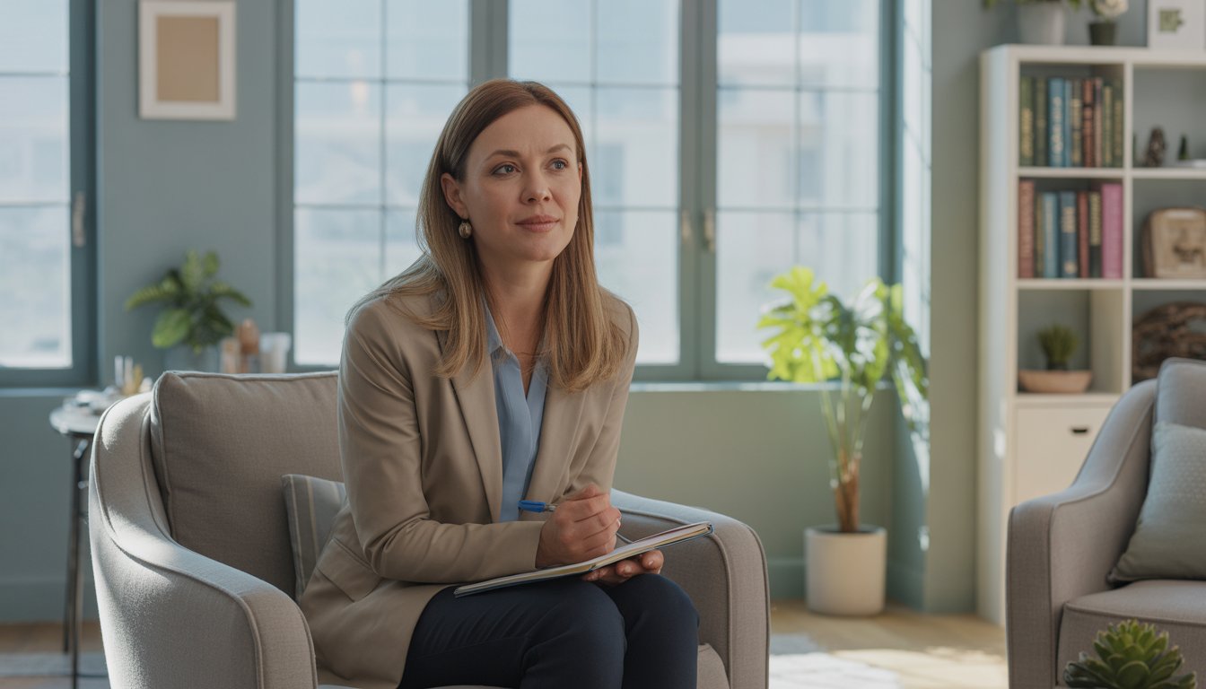 A female therapist sitting in a bright, comfortable office, attentively listening and holding a notepad.