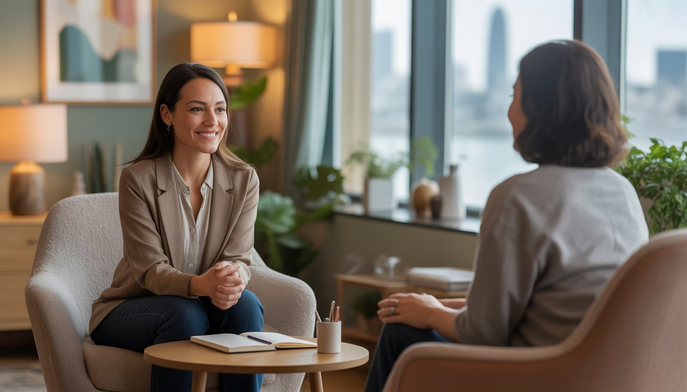 A female therapist attentively listening to a client in a bright, comfortable therapy office with a view of San Francisco outside the window.