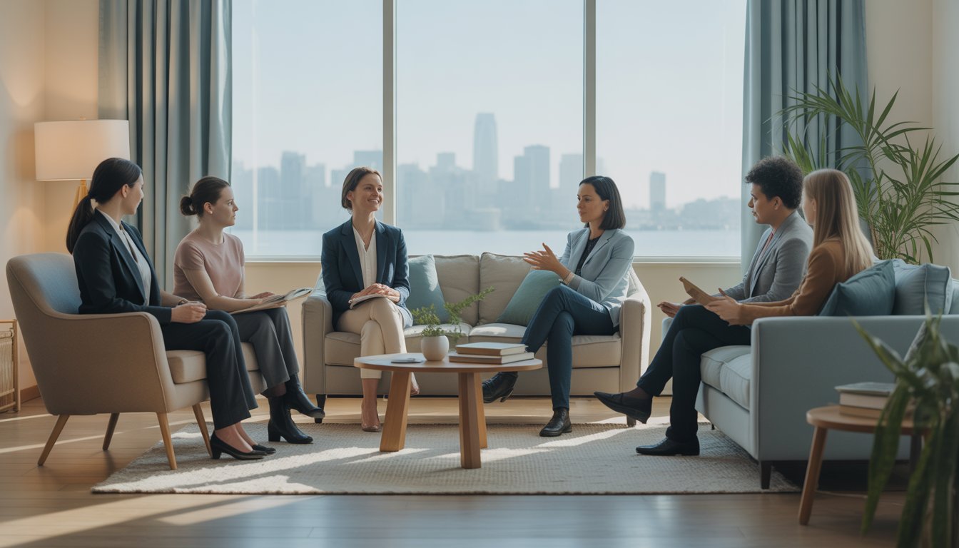 A bright therapy room with large windows showing the Bay Area skyline and a group of people engaged in a supportive conversation.