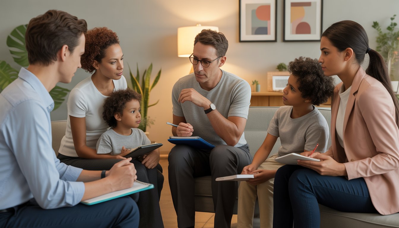 Two therapists talking with a co-parenting couple and their children in a comfortable office setting.