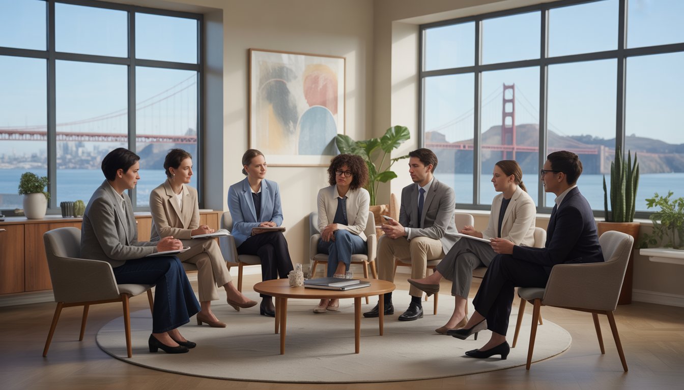 A group of diverse therapists in a bright office with a view of the San Francisco skyline, engaged in a supportive discussion.