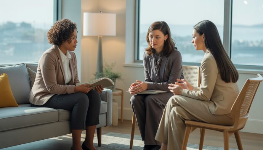Two therapists attentively listening to a client in a bright office with a view of the San Francisco skyline.