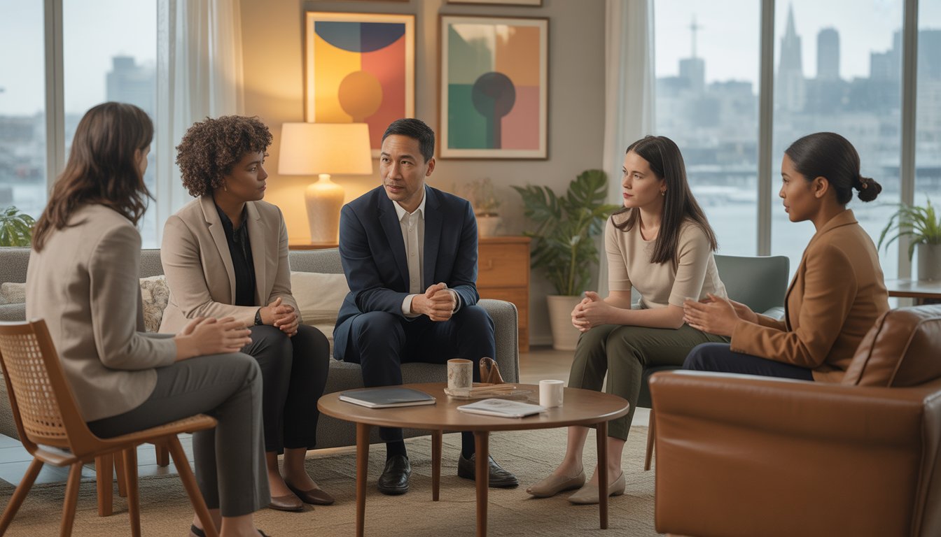 A diverse group of therapists having a supportive discussion in a bright therapy office with a city view.