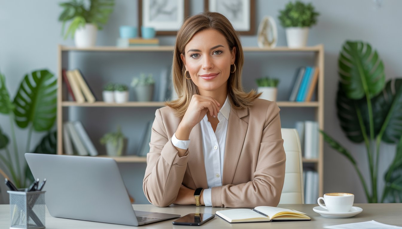 A female therapist sitting at a desk in a bright office with bookshelves and plants in the background.