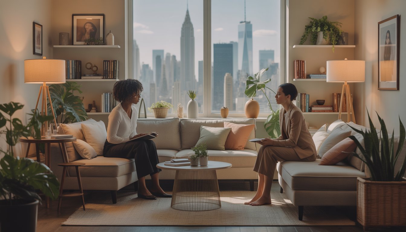 A therapist attentively listening to a client in a comfortable office with a view of the New York City skyline.