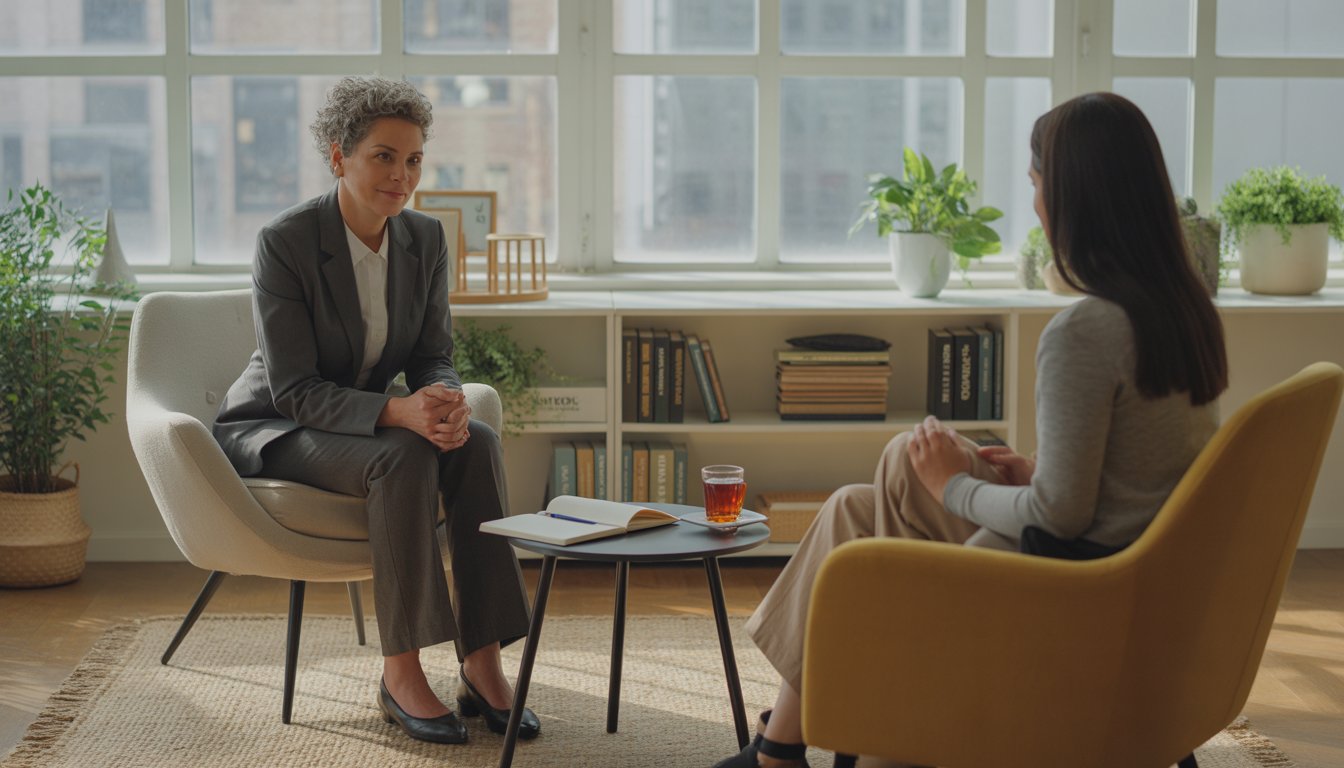 A therapist and a young adult client talking in a bright, modern office with city buildings visible through large windows.