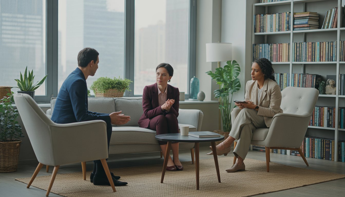 Two therapists attentively talking with a client in a comfortable therapy office with large windows overlooking a cityscape.