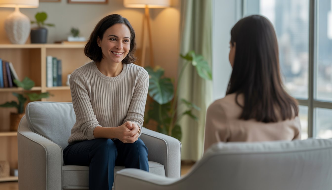 A female psychologist attentively listening in a bright therapy office with a city view in the background.