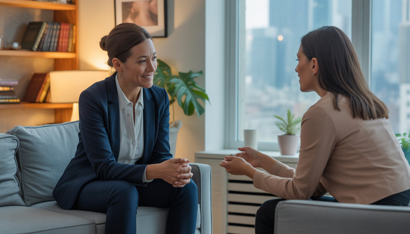 A therapist and client having a supportive conversation in a therapy office with a window showing a cityscape.