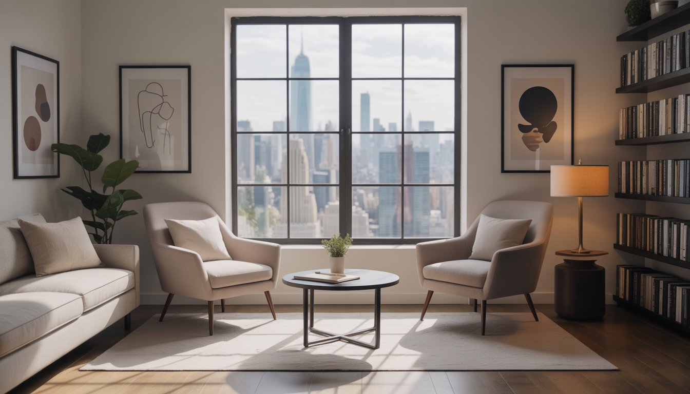 A calm therapy office with two chairs, a small table, a plant, and a window showing a blurred New York City skyline.