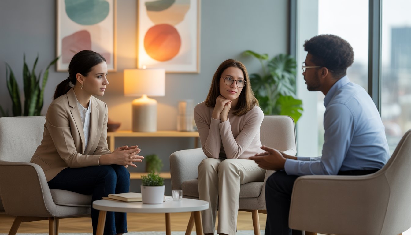 Two therapists attentively listening to a woman during a counseling session in a bright, comfortable office.