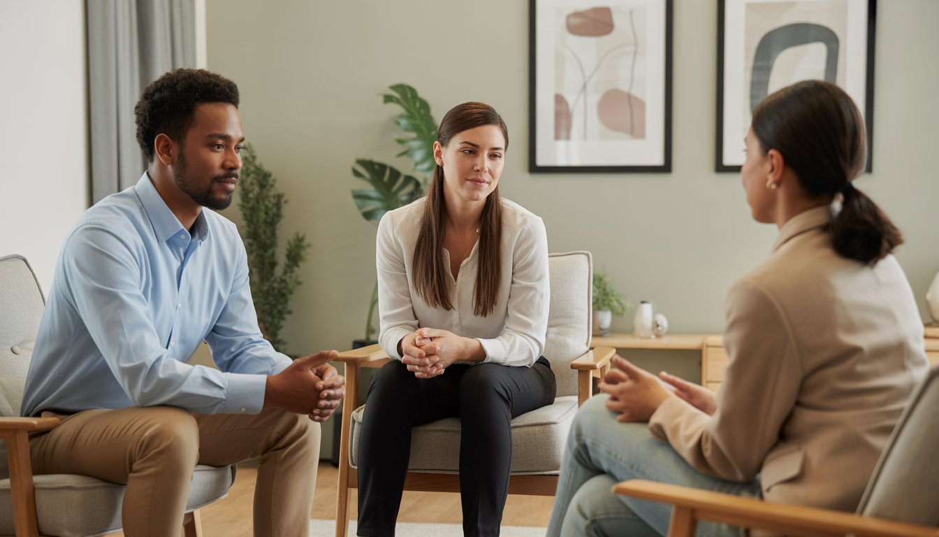 Two therapists talking with a client in a comfortable counseling room with soft lighting and neutral decor.