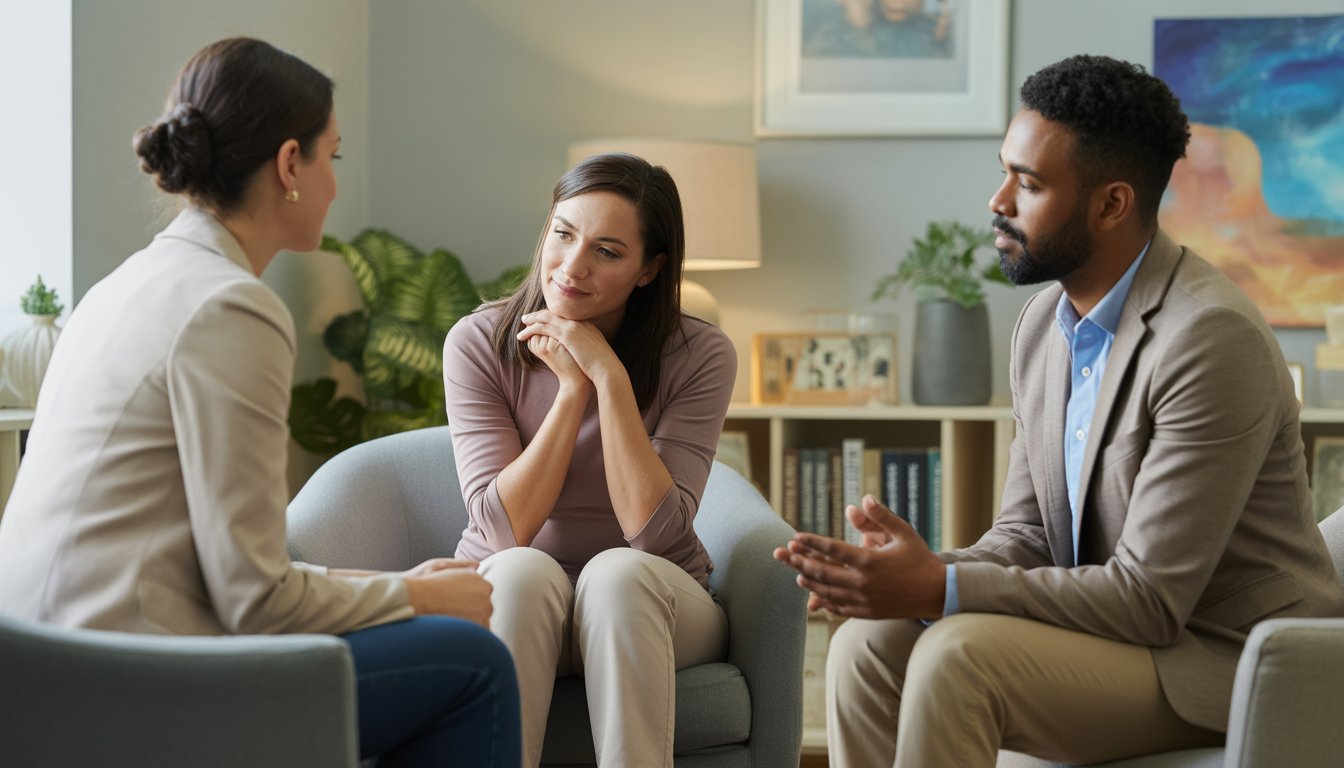 Two counselors talking supportively with a woman client in a calm therapy office.