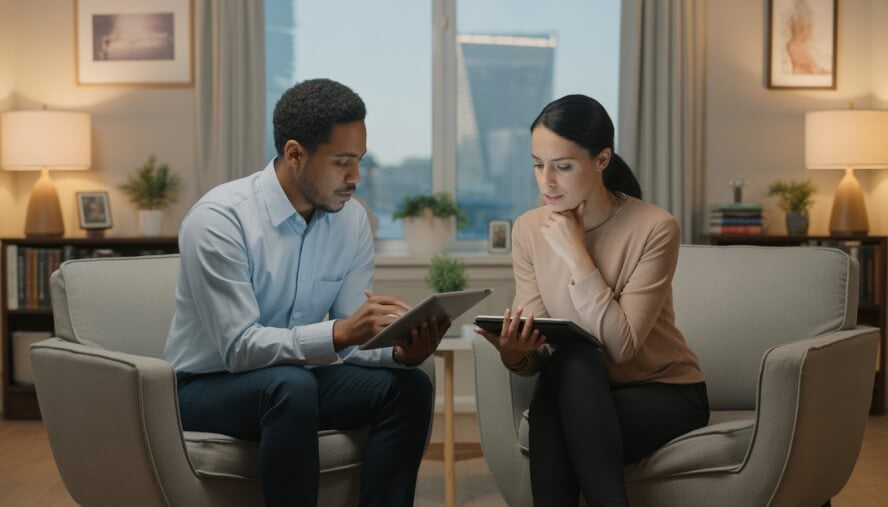 Two therapists discussing notes in a bright, comfortable therapy office with a view of Baltimore city.